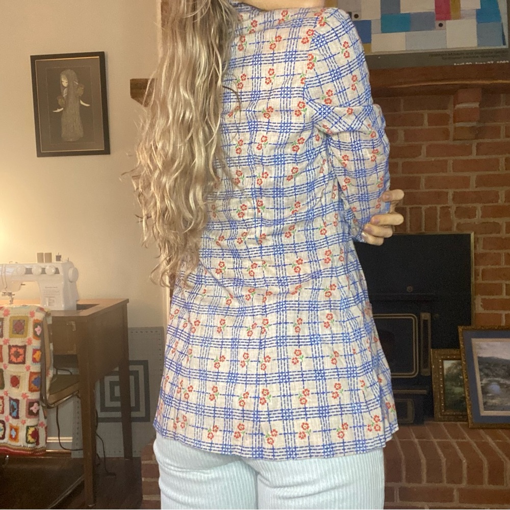 Vintage 1970s Daisy Floral Plaid 3 Button Statement Blazer Oversized Han… - Picture 5 of 15